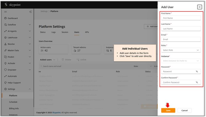 Create the user on Skypoint Studio