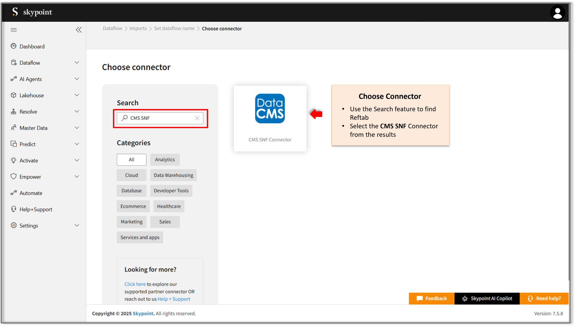 search and select cms snf connector