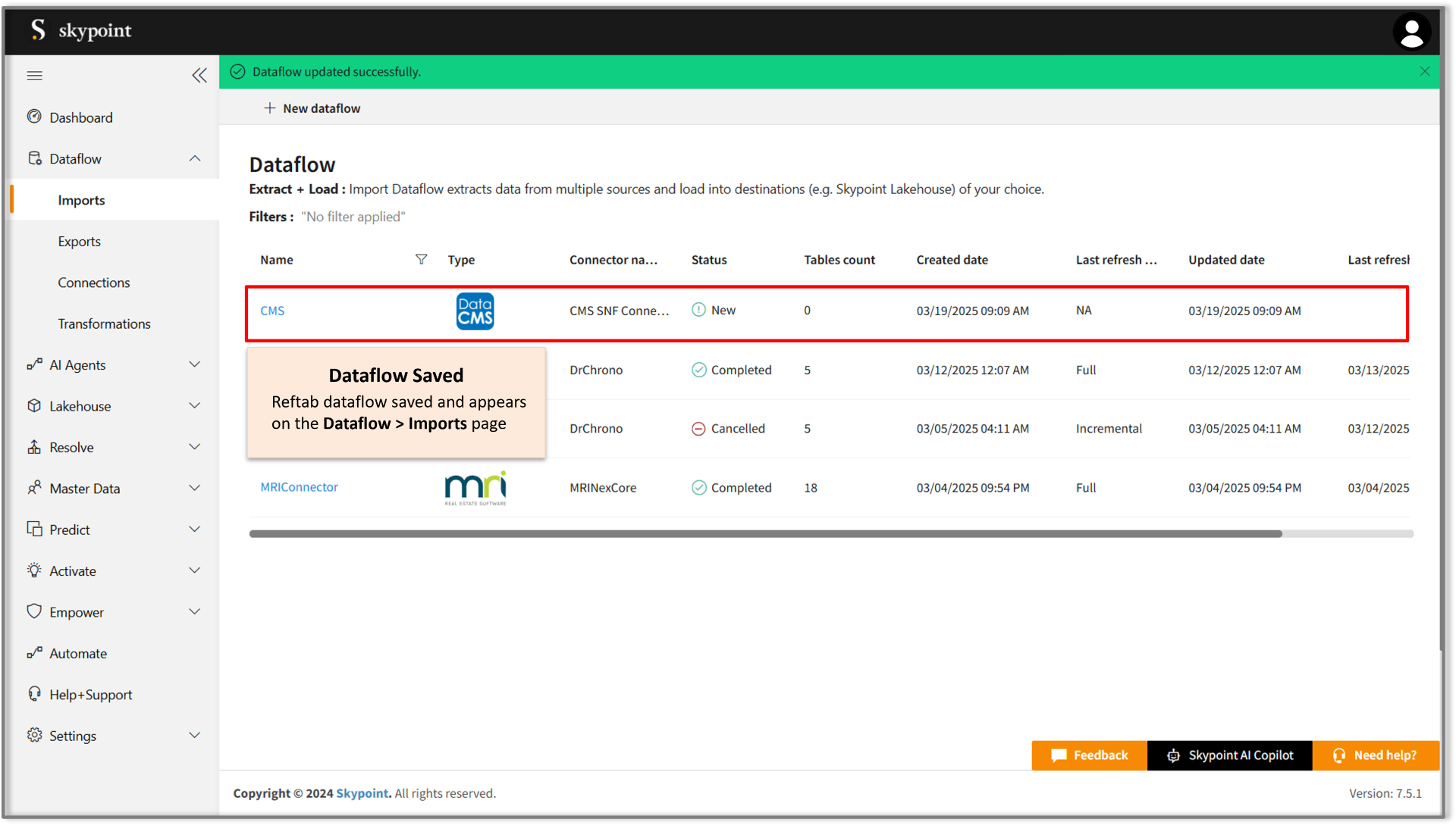 CMS snf dataflow saved on skypoitn ai