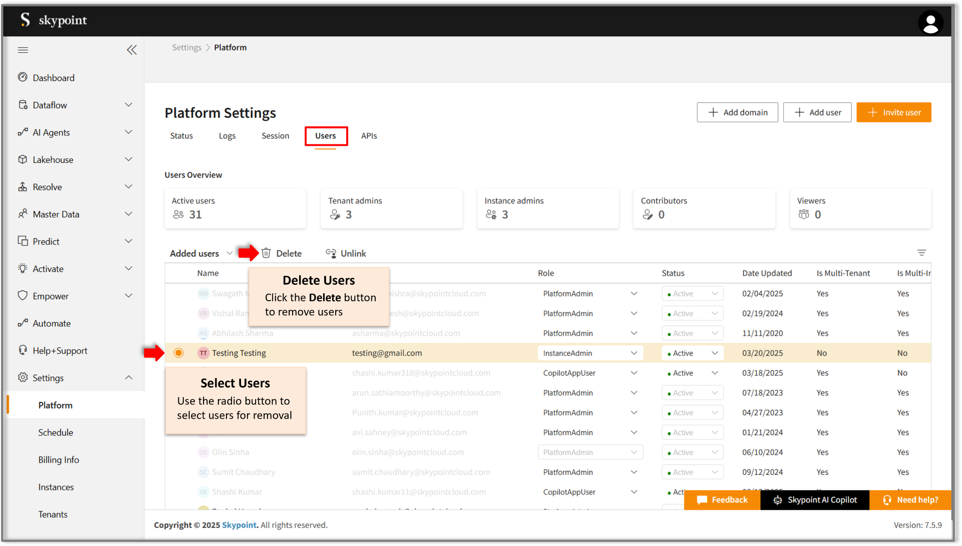 Delete user on Skypoint AIP