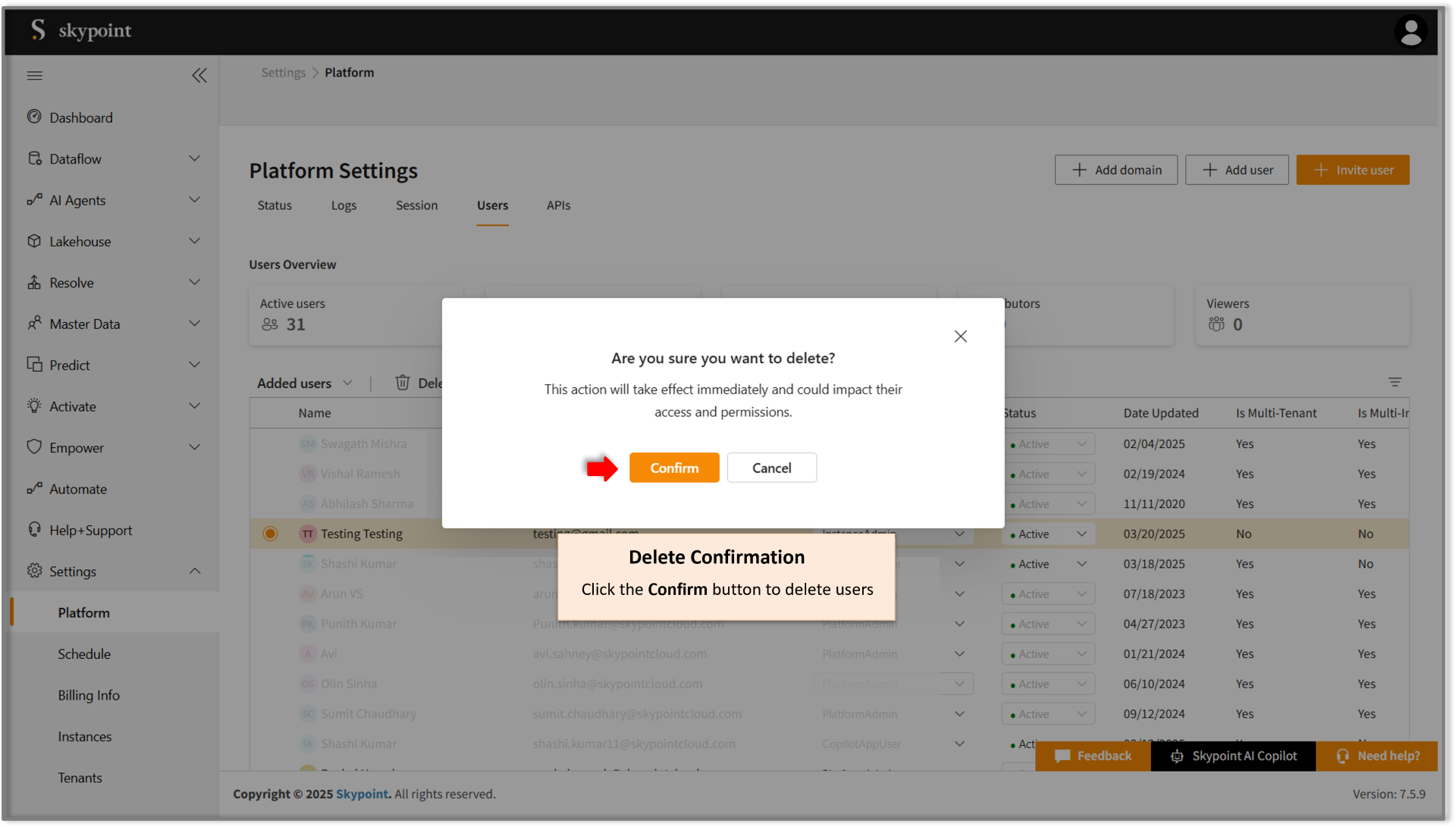 Confirm the deletion of User